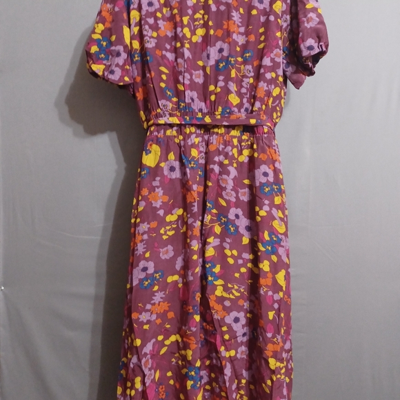 Modcloth dress purple v neck short puff sleeve floral tie waist midi summer XL - Picture 5 of 6